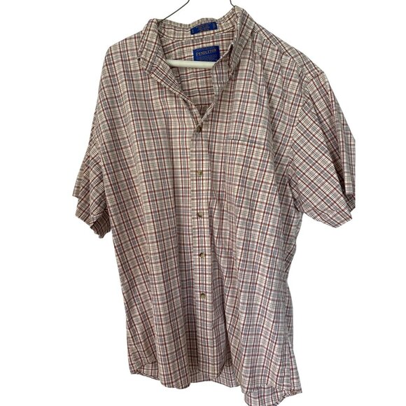 Pendleton Button-Up Shirt Broadway Cloth L 100% Cotton Plaid Beige and Red - Picture 1 of 5